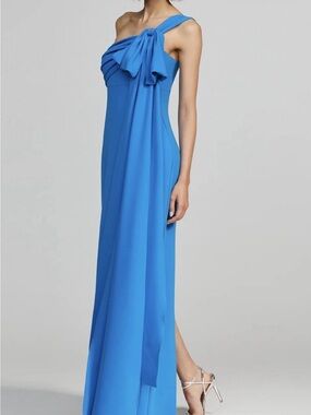 NWT $595 Halston One Shoulder Bow Cerulean Blue Wedding Resort Gown SZ 4